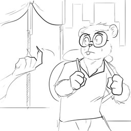 ambiguous_gender anthro bodily_fluids city clothed clothing duo eyewear faceless_anthro faceless_character fur glasses male nervous outside simple_background sweat sweaty_face topwear white_background trinket_(artist) gail_bailey ambiguous_species gopher mammal rodent 1:1 monochrome sketch