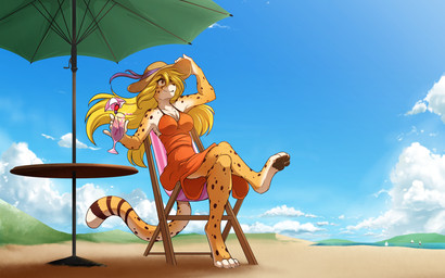 amber_eyes anthro barefoot beach beverage biped black_pawpads blonde_hair breasts chair chest_tuft clothed clothing crossed_legs detailed_background digitigrade dress feet female fur furniture glass hair hat headgear headwear holding_glass holding_object long_hair markings multicolored_body multicolored_fur orange_body orange_fur outside parasol pawpads paws sand seaside sitting smile solo spots spotted_body spotted_fur table tuft white_body white_fur wind yellow_body yellow_fur conditional_dnp tom_fischbach mihari cheetah felid feline mammal 16:10 2016 adobe_photoshop_(artwork) colored digital_media_(artwork) hi_res widescreen