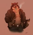 anthro belt biped bottomwear cigarette clothed clothing jacket leather looking_at_viewer male musclegut muscular muscular_anthro muscular_male open_clothing open_shirt open_topwear pants shirt smoke smoking solo standing suspenders topwear vetrowolf chazzkit canid canine canis mammal wolf hi_res