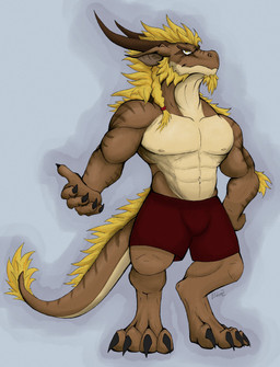 abs anthro arm_tuft barefoot beard biceps black_claws blonde_hair bottomwear braided_hair brown_body brown_horn claws clothed clothing deltoids elbow_tuft facial_hair feet gesture goatee grey_background hair hand_gesture horn long_hair long_horn looking_at_viewer male muscular navel nipples pecs serious shorts simple_background solo standing striped_body stripes tail tail_mane tail_tuft thumbs_up topless tuft yellow_eyes elhaz mythology dragon mythological_creature mythological_scalie scalie wingless_dragon 2026 digital_media_(artwork) full-length_portrait hi_res portrait signature