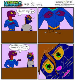 anthro battery clothing confusion deaf duo female furniture keikogi martial_arts_uniform math shirt simple_background sportswear table topwear baristagamerproductions ada_(gem_hunters) phoebe_(gem_hunters) felid feline mammal reptile scalie snake absurd_res comic hi_res