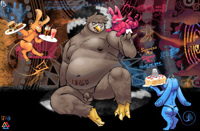 anthro balls beak belly belly_tattoo beverage blue_body body_hair brown_body burger butt chest_hair dole_(fennecusspes) dopa_(fennecusspes) facial_tuft fake_food flaccid food genitals group male male/male moobs navel nipples nude open_beak open_mouth orange_body overweight overweight_male penis red_body semi-anthro service sitting size_difference small_penis smaller sol_(fennecusspes) tail tattoo text tuft fennecusspes orin_owl avian bird imp owl colored english_text hi_res