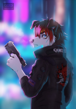 anthro bad_trigger_discipline bangs black_clothing black_hair black_jacket black_topwear blue_eyes blurred_background cheek_tuft clothing facial_tuft floppy_ears fur gun hair holding_gun holding_object holding_ranged_weapon holding_weapon jacket long_snout looking_at_viewer looking_back looking_back_at_viewer male multicolored_hair outside pink_nose ranged_weapon red_hair short_hair snout solo topwear tuft two_tone_hair weapon white_body white_fur azzai cd_projekt_red cyberpunk_2077 canid canine canis collie domestic_dog herding_dog mammal pastoral_dog sheepdog 2019 colored digital_drawing_(artwork) digital_media_(artwork) shaded