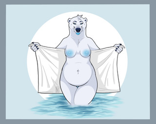 4_fingers anthro areola bedroom_eyes belly big_areola big_belly big_breasts black_claws black_nails black_outline blep blue_areola blue_eyebrows blue_eyes blue_inner_ear blue_insides blue_nipples blue_nose blue_tongue blue_vulva border breasts chest_tuft circle claws colored_nails curvy_figure deep_navel eyebrows eyelashes female finger_claws fingernails fingers front_view fur fur_tuft genitals grey_background grey_border head_tuft holding_object humanoid_hands innie_vulva iris legs_together looking_at_viewer monotone_body monotone_fur nails narrowed_eyes navel nipples nude outline overweight overweight_anthro overweight_female partially_submerged presenting pupils seductive sharp_nails simple_background smile snout solo thick_thighs tongue tongue_out towel tuft unusual_insides voluptuous vulva water white_body white_ears white_fur wide_hips liviipolarbear livii bear mammal polar_bear ursine 2020 colored digital_media_(artwork) digital_painting_(artwork) hi_res painting_(artwork) portrait shaded signature three-quarter_portrait