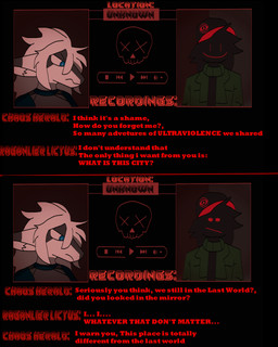 anthro blue_eyes bulletproof_vest clothing dialogue duo femboy foggy_background gameplay_mechanics green_clothing hair har male male/male text white_body white_hair raganlier mythology chaos_herald_(dcs) raganlier_(character) dragon ghost mythological_creature mythological_scalie scalie spirit 4:5 comic english_text hi_res