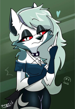 anthro black_bottomwear black_clothing black_eyelids black_shorts bottomwear breasts cleavage clothed clothed_anthro clothed_female clothing collar crop_top female fingerless_gloves flipping_viewer_off fur gesture gloves grey_body grey_fur grey_hair hair hand_gesture handwear heart_symbol long_hair looking_at_viewer middle_finger midriff notched_ear pupils red_sclera shirt shorts slit_pupils small_waist solo spiked_collar spikes thick_thighs topwear white_body white_eyes white_fur wide_hips starpaintart hellaverse helluva_boss mythology loona_(helluva_boss) canid canid_demon canine demon hellhound mammal mythological_canine mythological_creature hi_res portrait three-quarter_portrait