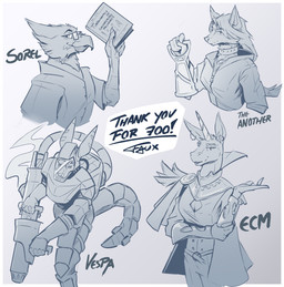 anthro armor beltoforion clothed clothing horn pilot raffle science_fiction mythology tech avian bird canid canine equid equine fox kangaroo macropod mammal marsupial mythological_creature mythological_equine true_fox unicorn blue_and_white hi_res monochrome sketch