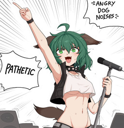 ahoge black_bracelet black_clothing black_topwear black_vest blush bodily_fluids bracelet breasts brown_ears brown_tail clothed clothed_female clothed_humanoid clothing collar crop_top crop_top_overhang electronics female gesture green_eyes green_hair hair hand_gesture holding_microphone holding_object jewelry microphone navel open_clothing open_mouth open_smile open_topwear open_vest raised_arm raised_finger raised_index_finger shirt smile solo speaker spiked_collar spikes sweat sweatdrop tail text topwear under_boob vest white_clothing white_crop_top white_topwear formicid_(artist) angry_noises touhou kyouko_kasodani animal_humanoid canid canid_humanoid humanoid mammal mammal_humanoid english_text hi_res meme