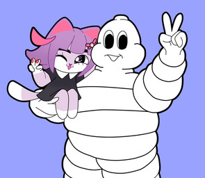 accessory anthro black_clothing black_dress black_eyes bow_ribbon carrying_another clothed clothing dipstick_tail dress duo female fur gesture hair hair_accessory hair_bow hair_ribbon hand_gesture holding_another looking_at_viewer male markings mascot one_eye_closed open_mouth purple_background purple_body purple_fur purple_hair ribbons simple_background size_difference slightly_chubby smile tail tail_markings v_sign white_body white_tail_tip wink saltypupcake michelin vkontakte bibendum masyunya_(vkontakte) michelin_man animate_inanimate domestic_cat felid feline felis humanoid mammal digital_media_(artwork) hi_res