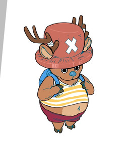 anthro antlers backpack belly bottomwear brown_body brown_fur clothing fur hat headgear headwear horn male navel outie_navel overweight shirt shorts solo tank_top topwear young young_male rannloo one_piece tony_tony_chopper deer mammal new_world_deer reindeer
