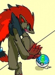 ambiguous_gender anthro biped eyes_closed feet hindpaw jumping on_one_leg pain paws pokeball solo standing seikokun nintendo pokemon canid canine generation_5_pokemon mammal pokemon_(species) zoroark 2013