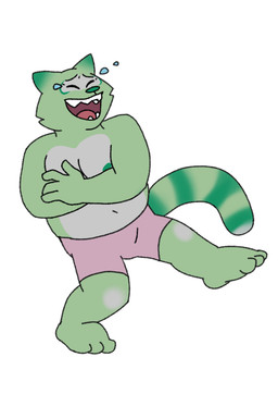 3_toes 4_fingers anthro bent_arm bent_leg bodily_fluids bottomwear clothing crying crying_laughing eyes_closed feet fingers fur green_body green_fur laugh male nipples one_leg_up open_mouth overweight overweight_male raised_leg shorts solo tears tears_of_joy teeth toes tongue unknown_artist fred_(fredrick_brennan) mammal procyonid raccoon digital_media_(artwork) hi_res