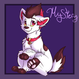 black_hair black_nose collar eyewear feral fur glasses hair looking_at_viewer male pawpads paws quadruped raised_paw red_eyes red_hair sitting smile solo white_body white_fur bluekazenate mystery_skulls mystery_(mystery_skulls) canid canine canis domestic_dog mammal 1:1 2015 digital_media_(artwork)