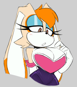 anthro armwear bedroom_eyes big_breasts blue_eyeshadow blush blush_lines bodysuit breast_overflow breasts brown_eyes cleavage clothed clothing dipstick_ears ear_markings elbow_gloves eyelashes eyeshadow female fur gloves hair handwear huge_breasts latex latex_clothing long_ears makeup multicolored_ears narrowed_eyes open_mouth orange_hair seductive simple_background skinsuit small_waist solo tan_body tan_fur text tight_clothing topwear white_body white_fur nelljoestar sega sonic_the_hedgehog_(series) rouge_the_bat vanilla_the_rabbit lagomorph leporid mammal rabbit digital_media_(artwork) english_text hi_res portrait three-quarter_portrait