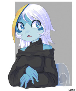 anthro anthrofied biped black_clothing black_topwear blue_body blue_eyes bodily_fluids breasts clothed clothed_anthro clothed_female clothing crying female fingers front_view grey_background grey_hair hair humanoid_hands long_hair looking_aside markings medium_breasts non-mammal_breasts open_mouth pokemorph sad simple_background solo spots spotted_markings tail tears text topwear vinael nintendo pokemon generation_8_pokemon pokemon_(species) sobble artist_name half-length_portrait portrait shaded