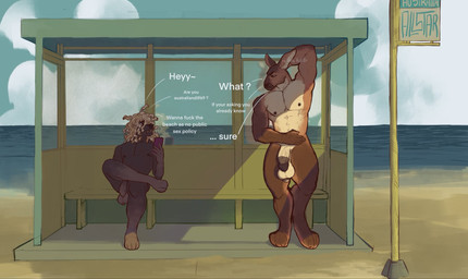 abs age_difference anthro australia balls beach big_balls big_penis black_body black_glans black_nipples blonde_hair brown_body bus_stop bus_stop_sign circumcised circumcision_scar dialogue dreadlocks duo electronics feet flaccid flirting foreskin genital_scar genitals glans hair hand_behind_head hand_on_belly leg_on_hip long_ears male male/male mature_male muscular nipples nude open_mouth paws pecs penis phone pose reflection saggy_balls sand scar sea sharp_teeth shaved_armpit squinted_eyes stern_look teeth text thoughts twunk vein veiny_penis water allstarfall grindr canid canine canis domestic_dog humanoid kangaroo macropod mammal marsupial broken_english english_text hi_res shaded