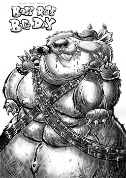 anthro armor bodily_fluids drooling ear_piercing ear_ring facial_piercing headgear helmet male moobs nipples nose_piercing nose_ring overweight overweight_male piercing ring_piercing saliva simple_background smoking solo white_background jwbalsley boss_rat mammal murid murine rat rodent 2025 cover hi_res monochrome