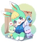 anthro blonde_hair blush cellphone clothing electronics hair heart_reaction heart_symbol holding_cellphone holding_object holding_phone jacket letterman_jacket male phone plushie selfie short_snout snout solo speech_bubble text topwear toruu animal_crossing nintendo sasha_(animal_crossing) lagomorph leporid mammal rabbit 2021 hi_res pictographics url