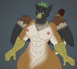 5_fingers abs anthro areola beak black_body black_feathers black_fur blue_eyes breasts brown_body brown_feathers brown_fur chest_tuft eyebrows feathered_wings feathers feet female fingers fur green_body green_feathers half-closed_eyes humanoid_hands long_tail multicolored_body multicolored_feathers multicolored_fur multicolored_wings muscular muscular_anthro muscular_female narrowed_eyes nipples smile solo standing tail talons thick_thighs toes tuft wide_hips wings axelferdinan beholdervee hasbro my_little_pony mythology fan_character avian gryphon mythological_avian mythological_creature digital_media_(artwork) hi_res