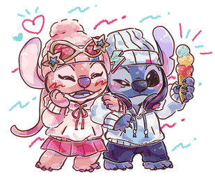 4_fingers 4_toes antennae_(anatomy) antennae_markings anthro arm_grab barefoot beanie biped blue_beanie blue_bottomwear blue_claws blue_clothing blue_finger_claws blue_hat blue_headwear blue_hoodie blue_nose blue_shorts blue_topwear blush blush_lines bottomwear canon_couple chain_necklace claws clothed clothing cute_fangs dessert duo ear_markings electronics eyelashes eyewear eyewear_on_head fangs feet female finger_claws fingers food hand_on_face happy hat headgear headphones headwear heart_symbol holding_food holding_ice_cream holding_ice_cream_cone holding_object hoodie ice_cream ice_cream_cone jewelry lightning_bolt long_antennae male markings necklace notched_ear open_mouth open_smile pink_beanie pink_bottomwear pink_clothing pink_hat pink_headwear pink_hoodie pink_skirt pink_topwear purple_claws purple_finger_claws purple_markings purple_nose purple_tongue shorts simple_background skirt smile standing star_symbol sunglasses sunglasses_on_head teeth toes tongue topwear white_background mochigome_(pixiv_112967981) disney lilo_and_stitch angel_(lilo_and_stitch) stitch_(lilo_and_stitch) alien experiment_(lilo_and_stitch) 2025 hi_res