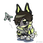 anthro brown_hair chibi clothing crouching footwear fur green_body green_fur grey_body grey_fur hair jacket kemono machine male shoes simple_background solo topwear weibo_logo white_background zhang_gun weibo canid canine mammal robot 1:1 2023 digital_media_(artwork)