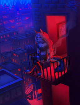 anthro blue_light building cigarette cigarette_in_hand cigarette_smoke city city_background cityscape clothed clothing female fur hair landscape landscape_background night outside red_light red_sclera smoke smoking smoking_cigarette solo tail white_body white_fur old_squatter hellaverse helluva_boss mythology loona_(helluva_boss) canid canid_demon canine canis demon hellhound mammal mythological_canine mythological_creature wolf 2025 absurd_res digital_drawing_(artwork) digital_media_(artwork) hi_res