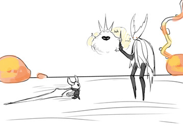 black_body cloak clothing ellipsis female male orange_eyes question_mark simple_background size_difference white_background boopie hollow_knight_(franchise) team_cherry hollow_knight_(character) radiance_(hollow_knight) the_infection_(hollow_knight) the_knight_(hollow_knight) arthropod infected_(species) insect lepidopteran moth vessel_(species) absurd_res hi_res