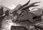 ambiguous_gender bard courting digitigrade female feral group horn lute male membrane_(anatomy) membranous_wings musical_instrument outside playing_music plucked_string_instrument singing size_difference string_instrument tail trio wings bittenhard mythology dragon equid equine horse human mammal mythological_creature mythological_scalie scalie monochrome