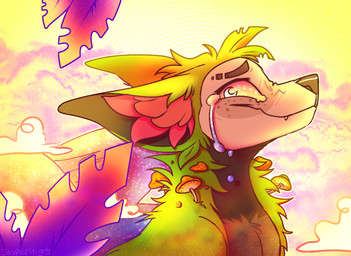 ambiguous_gender bodily_fluids cloud crying eyebrows feral fungus fur green_body green_fur leaf mushroom pupils smile snout solo tears unusual_pupils white_pupils jaspering canid canine mammal 2025 bust_portrait clip_studio_paint_(artwork) digital_drawing_(artwork) digital_media_(artwork) portrait shaded