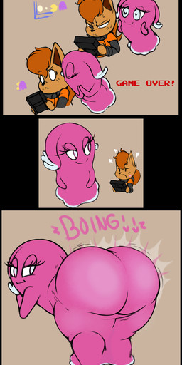 anthro ass_up bent_over big_butt brown_body brown_fur brown_hair butt clothing duo erection erection_under_clothing eyelashes featureless_feet feet female fur hair heart_symbol instant_erection kiss_mark kiss_on_cheek kissing looking_back male male/female thick_thighs video_game_console wide_hips young young_male jascoe-sauce bandai_namco pac-man_(series) pac-man_and_the_ghostly_adventures pac-man pinky_(pac-man) xavier_jascoe canid canine fox ghost mammal spirit absurd_res comic hi_res