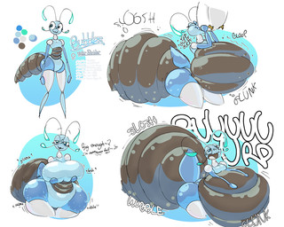 anthro belly big_belly big_breasts blue_body breasts butt female inflation simple_background solo text blahblah866 arthropod insect 2023 5:4 absurd_res hi_res