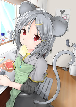 accessory apron beverage bottomwear bread calendar cheese cheese_singles clothing crystal dairy_products duo female feral food gem grey_hair hair hair_accessory hairpin high-angle_view jelly_(food) jewelry looking_at_viewer milk mouth_hold pendant red_eyes short_hair skirt smile tail ebi_senbei touhou nazrin animal_humanoid humanoid mammal mammal_humanoid mouse mouse_humanoid murid murid_humanoid murine murine_humanoid rodent rodent_humanoid