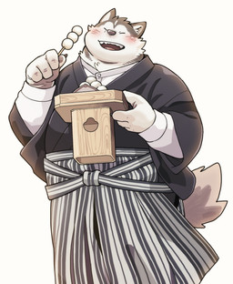 4_fingers anthro blush claws eyes_closed fingers food happy holding_food holding_object male open_mouth pawpads simple_background solo tail teeth tongue white_background garouzuki fuku_(garouzuki) canid canine mammal hi_res japanese_description