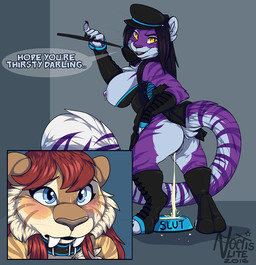 5_fingers anthro big_breasts black_hair blue_eyes blush bodily_fluids bowl breasts butt clothed clothing container dialogue duo female fingers fur genital_fluids genitals hair hat headgear headwear looking_back nipple_piercing nipples peeing peeing_into_bowl peeing_into_container pet_bowl piercing purple_body purple_fur rear_view red_hair simple_background smile standing stripes tan_body tan_fur teeth text urine urine_in_bowl urine_pool urine_stream vulva watersports yellow_eyes muzz felid mammal pantherine tiger 2017 english_text
