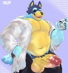 2024 anthro areola areola_slip australian_cattle_dog balls balls_outline bandit_heeler barazoku belly big_balls big_belly big_muscles big_penis blue_background bluey_(series) bodily_fluids bottomwear bottomwear_down bulge canid canine canis cattledog claws clothed clothing coffee_mug container cup daddy_kink detailed_bulge domestic_dog dripping erection erection_under_clothing eyebrows eyes_closed foreskin fur genital_fluids genital_outline genitals glans grandall_(artist) hand_in_pocket herding_dog hi_res holding_container holding_cup holding_mug holding_object huge_balls huge_muscles huge_penis humanoid_genitalia humanoid_penis male mammal mug musclegut muscular muscular_anthro muscular_male navel open_clothing open_mouth open_robe open_smile overweight overweight_anthro overweight_male partially_clothed pastoral_dog pecs penis pockets precum precum_drip precum_string pubes robe shorts shorts_down signature simple_background smile solo standing text_on_mug thick_penis tuft urethra vein
