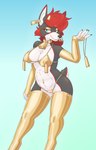 abs anthro armwear bell bell_collar belly_piercing big_breasts bikini bikini_bottom bikini_top black_body black_fur blue_eyes breasts butt camel_toe choker clothed clothing collar cowbell cowbell_collar crossgender ear_piercing ear_tag elbow_gloves facial_piercing fangs female fur genital_outline gloves gold_(metal) gold_bikini gold_jewelry gold_makeup hair handwear horn jewelry legwear looking_at_viewer makeup multicolored_body multicolored_fur navel navel_piercing necklace nipple_outline nose_piercing nose_ring partially_clothed piercing pussy_outline red_body red_fur red_hair ring ring_piercing septum_piercing simple_background smile solo stockings swimwear tail teeth thick_thighs thigh_highs two-piece_swimsuit white_body white_fur wide_hips tenides golden_week tenides_noel_novis canid canine hybrid mammal absurd_res digital_media_(artwork) hi_res