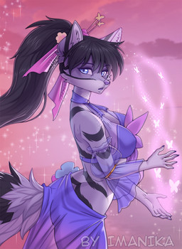 5_fingers anthro biped black_hair blue_eyes breasts butt claws clothed clothed_anthro clothed_female clothing countershade_fur countershade_torso countershading female finger_claws fingers fur grey_body grey_fur grey_tail hair inner_ear_fluff looking_back nipple_outline open_mouth side_view solo standing striped_body striped_fur stripes tail tongue tuft imanika canid canine fox mammal 2025 digital_media_(artwork)