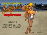 anthro beach beach_background blonde_hair bottomwear breasts buckteeth california clothing copyright_symbol denim denim_bottomwear denim_clothing denim_shorts female hair midriff nipple_outline play_on_words postcard shorts solo squirrel_tail symbol teeth text under_boob water doug_winger mammal rodent sciurid tree_squirrel 1996 signature