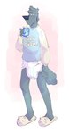 anthro beverage clean_diaper clothed clothing diaper drinking footwear fur grey_body grey_fur holding_beverage holding_object juice_(beverage) male pink_background shirt shoes simple_background slippers solo standing topwear wearing_diaper white_background slusheep caprisun kermit_(slusheep) canid canine canis domestic_dog mammal poodle hi_res