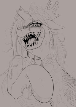 arm_hair bodily_fluids body_hair broken_horn crown duo eyebrows faceless_character faceless_male female female_focus feral fingers hair headgear hole_(anatomy) hooves horn male male/female open_mouth pupils saliva sharp_teeth slit_pupils solo_focus tears teeth tongue dominismortis friendship_is_magic hasbro my_little_pony queen_chrysalis_(mlp) changeling_(mlp) human mammal digital_drawing_(artwork) digital_media_(artwork) hi_res monochrome