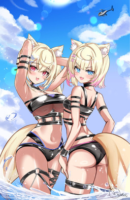 accessory aircraft arm_strap armband big_breasts bikini blonde_hair blue_eyes blush breast_size_difference breasts butt clothed clothing day duo female hair hair_accessory hairclip hands_behind_head helicopter highlights_(coloring) leg_strap legband lens_flare looking_at_viewer looking_back looking_back_at_viewer navel nipple_outline open_mouth open_smile outside partially_submerged pink_eyes rear_view sky small_breasts smile straps swimwear two-piece_swimsuit under_boob vehicle water water_drop inokeiwd hololive hololive_en vtuber fuwawa_abyssgard mococo_abyssgard animal_humanoid canid canid_humanoid canine canine_humanoid dog_humanoid humanoid mammal mammal_humanoid hi_res