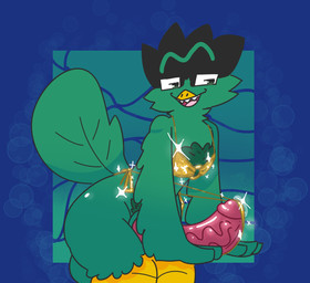 balls beak bedroom_eyes big_butt big_penis bikini bikini_bottom bikini_pull bikini_thong bikini_top bodily_fluids butt clothing clothing_pull eyebrows feathers genital_fluids genitals glistening glistening_butt glistening_genitalia glistening_penis gold_bikini green_body hoop male male_wearing_bikini narrowed_eyes o-ring_bikini o-ring_bikini_top open_beak open_mouth peep_(bobesgashi) penis penis_in_bikini precum pubes seductive sharp_teeth simple_background solo swimwear swimwear_pull tail tail_feathers tassels teeth thick_thighs two-piece_swimsuit unibrow poundfulpanda peep_(friedpeep) avian humanoid