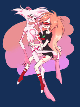 anthro blush breasts claws clothed clothing duo fangs female femboy fur hair male male/female multi_arm multi_limb multicolored_body multicolored_fur orange_hair partially_clothed pink_body pink_fur smile teeth two_tone_body two_tone_fur white_body white_fur lunar-lotus hazbin_hotel hellaverse angel_dust cherri_bomb_(hazbin_hotel) arachnid arthropod cyclops demon humanoid spider 3:4 absurd_res alpha_channel hi_res