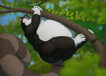belly big_belly black_body black_fur butt detailed_background falling feral fur huge_belly male morbidly_obese morbidly_obese_feral obese obese_feral overweight overweight_feral plant solo thick_thighs tree white_body white_fur white-dragon lemur mammal primate ring-tailed_lemur strepsirrhine 2026 cel_shading hi_res shaded signature