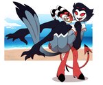 anthro beach carrying_another duo male male/male size_difference foot_ninja15 helluva_boss blitzo_(helluva_boss) stolas_(helluva_boss) avian bird demon imp owl digital_drawing_(artwork) digital_media_(artwork) hi_res