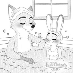 anthro bubble_bath duo female male male/female spa towel towel_on_head zinktober hatakeclarissarts refer disney inktober inktober_2025 zootopia judy_hopps nick_wilde canid canine european_rabbit fox lagomorph leporid mammal oryctolagus rabbit red_fox true_fox 1:1 2025 monochrome