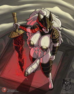 4_toes 5_fingers abs anthro areola armor athletic athletic_anthro athletic_gynomorph athletic_intersex big_breasts big_penis black_nose bodily_fluids breasts crossgender erection feet fingers fur genitals glans glistening glistening_areola glistening_breasts glistening_genitalia glistening_glans glistening_penis gynomorph hair headgear helmet hindpaw huge_penis humanoid_hands intersex melee_weapon mostly_nude mostly_nude_anthro mostly_nude_gynomorph mostly_nude_intersex mtg_crossgender mti_crossgender nipples nude_anthro nude_gynomorph nude_intersex paws penis solo sweat sword toes weapon white_body white_fur white_hair sevsartcave elden_ring fromsoftware maliketh_(elden_ring) canid canine canis mammal wolf hi_res