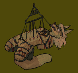 animal_genitalia animal_penis anthro balls bdsm blood blush bodily_fluids bondage bound canine_genitalia chastity_cage chastity_device cock_and_ball_torture genital_torture genitals gynomorph intersex nipples nude open_mouth penis piercing restraints sheath simple_background solo submissive suspension openfracturesday canid canine mammal absurd_res digital_media_(artwork) hi_res