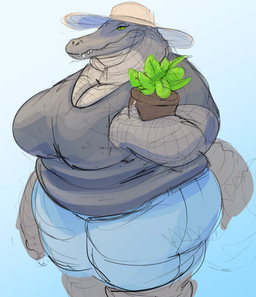 anthro belly big_breasts breasts claws cleavage clothed clothing female fingers green_eyes grey_body grey_claws hat headgear headwear holding_object overweight overweight_anthro overweight_female plant sharp_teeth shirt solo standing tail teeth topwear doctordj olivia_(doctordj) alligator alligatorid crocodilian reptile scalie absurd_res hi_res shaded