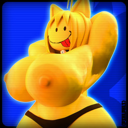 ahoge anthro areola bell bell_choker bell_collar big_breasts big_nipples bikini bikini_bottom black_border black_bottomwear black_choker black_clothing black_eyes black_jewelry black_necklace black_panties black_skirt black_text black_underwear blonde_hair blue_background border bottomwear breast_focus breasts choker clothed clothing collar ears_up female fur hair hands_behind_head hands_behind_own_head head_tilt huge_breasts jewelry looking_at_viewer necklace nipples orange_areola panties presenting presenting_breasts raised_arms red_tongue scanlines shirtless_female simple_background skirt smile smiley_face smiling_at_viewer solo swimwear text tongue tongue_out topless topless_female two-piece_swimsuit underwear yellow_areola yellow_body yellow_breasts yellow_ears yellow_fur yellow_nipples conditional_dnp piskelpaxels thing_(ohnojericho) animal_humanoid cat_humanoid domestic_cat felid felid_humanoid feline feline_humanoid felis humanoid mammal mammal_humanoid 2025 3d_(artwork) artist_name digital_media_(artwork) watermark